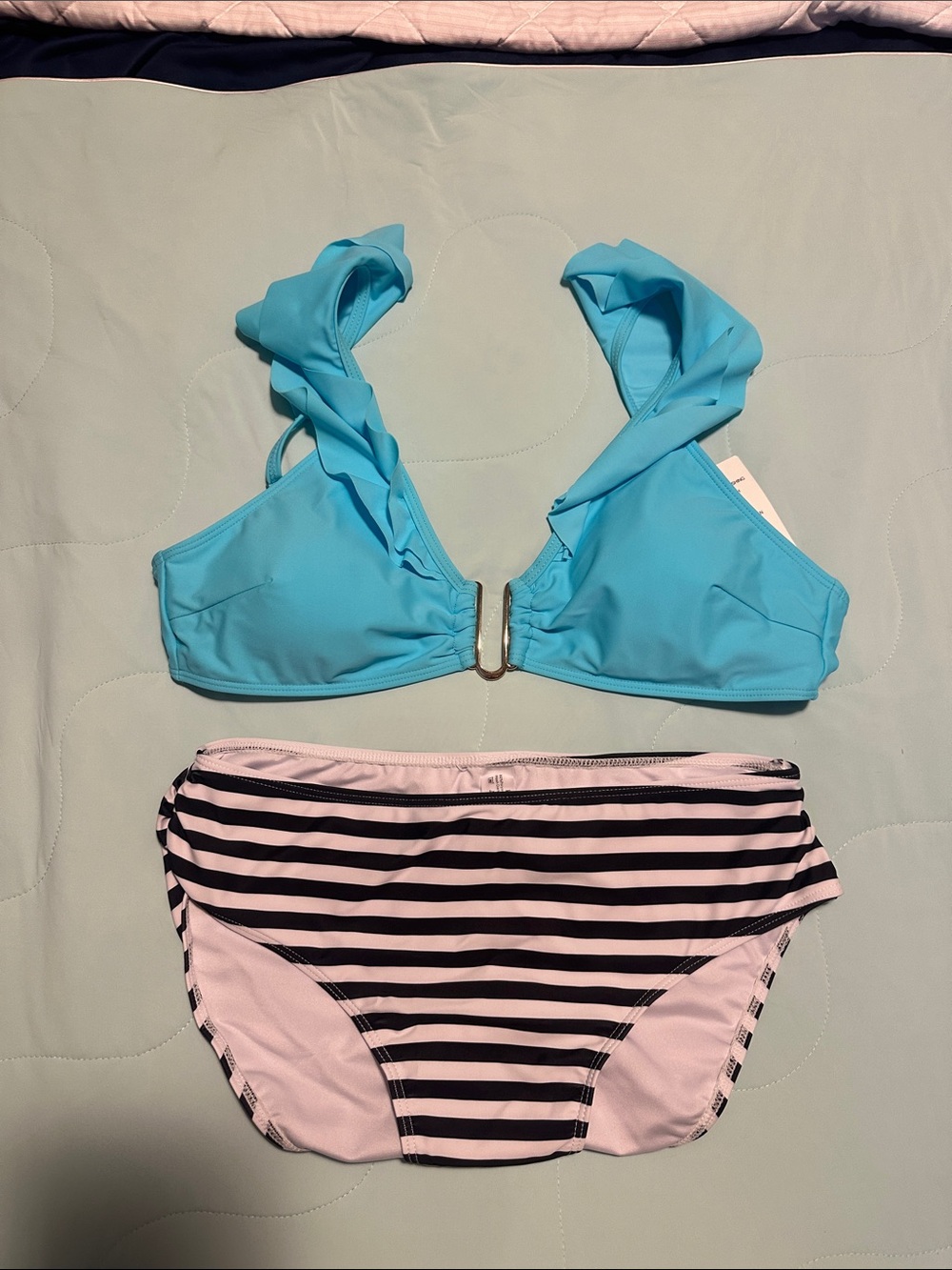 Turquoise Ruffle Strap Bikini Top with Navy and White Striped Bottoms - Women